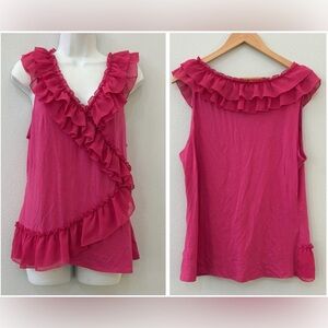 womens Elle hot pink boho v-neck sleeveless blouse w/ruffles - sz Large